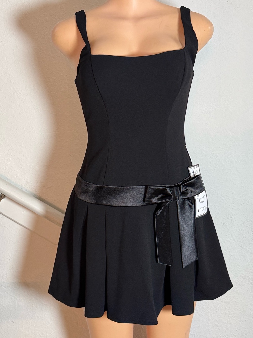 B Darlin Black Square-Neck Mini Dress with Satin Waist Bow